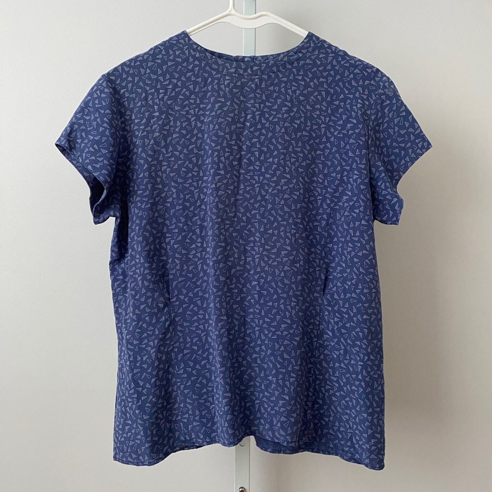 Paul Stanley Silk Office Siren Academia Geometric Print Blouse 10 Blue